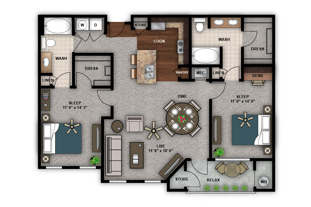 Floor plan for 2 beds, 2 baths, 1184 sqft